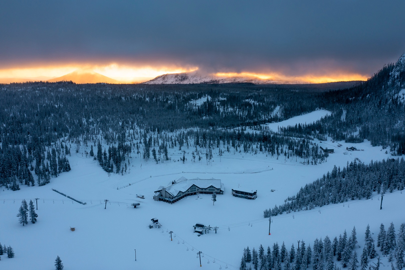 A fiery sunset over the lodge at Hoodoo.