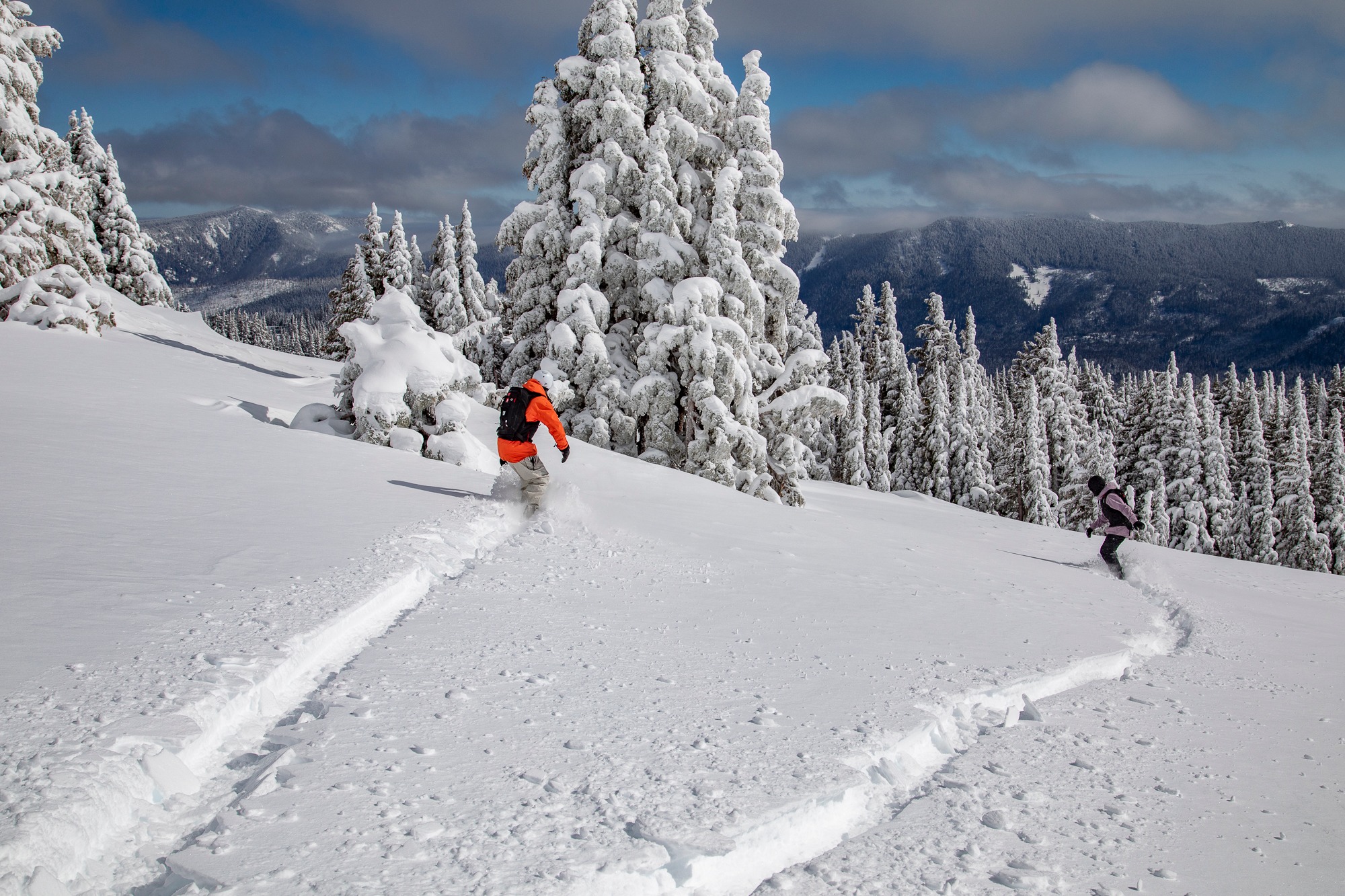 A person enjoying the deep powder at Mount Hood Meadows.