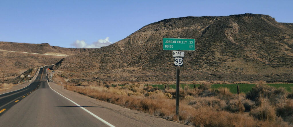 US 95 highway to Jordan Valley, mile marker, a long way from Portland