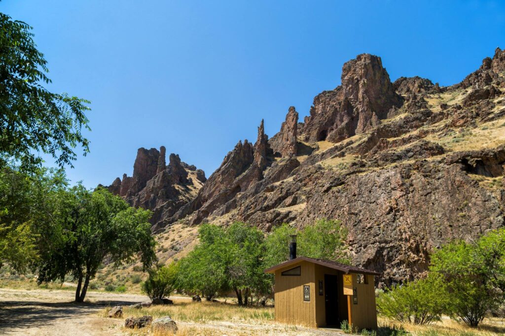 notice the vault toilet, succor creek camping area, hike