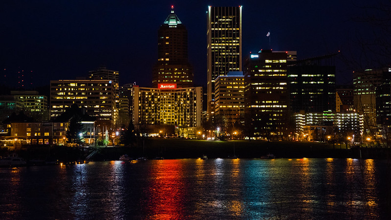 Portland, Oregon skyline looking north. The city sits on the west