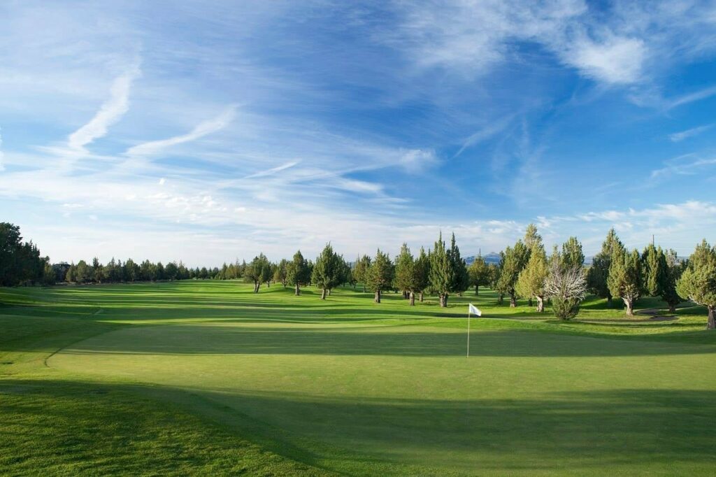A well manicured golf course on a sunny day with blue skies.