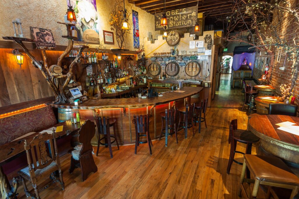The rustic and charming interior of Oberon's in Ashland Oregon.