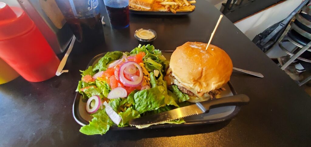 burger and salad