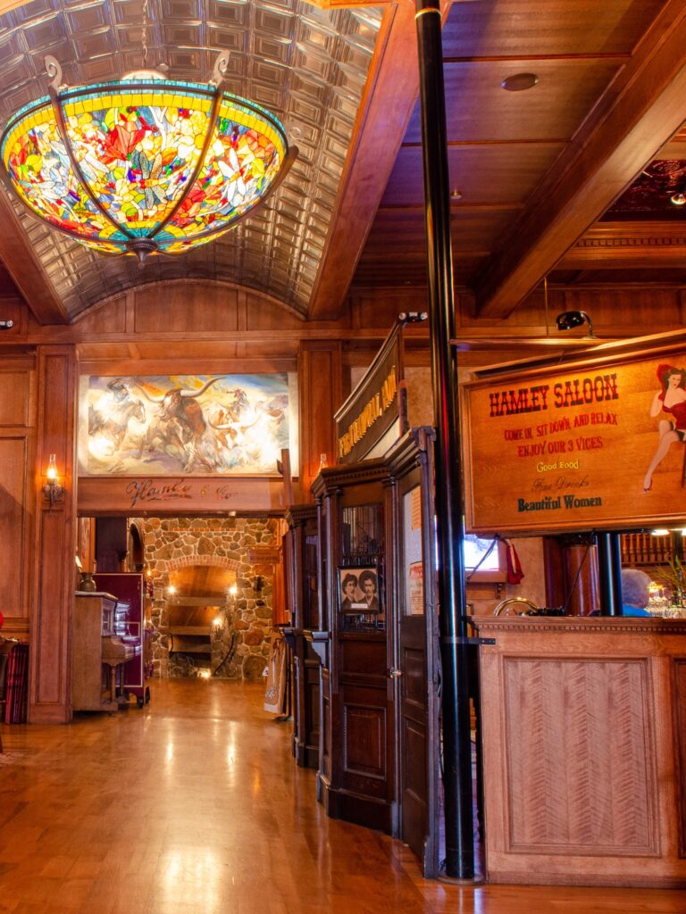 The interior of Hanley Saloon. The walls, floors and ceiling are all rich warm wood.