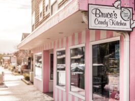 The pink and white striped exterior of Bruce's Candy Kitchen in Cannon Beach Oregon.