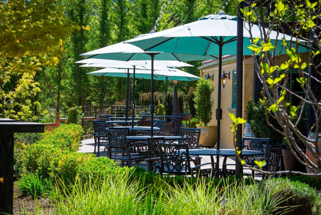A patio at Dancin Vineyards, surrounded by lush green plants. There are metal tables and chairs with teal umbrellas shading them. It looks like an inviting space.