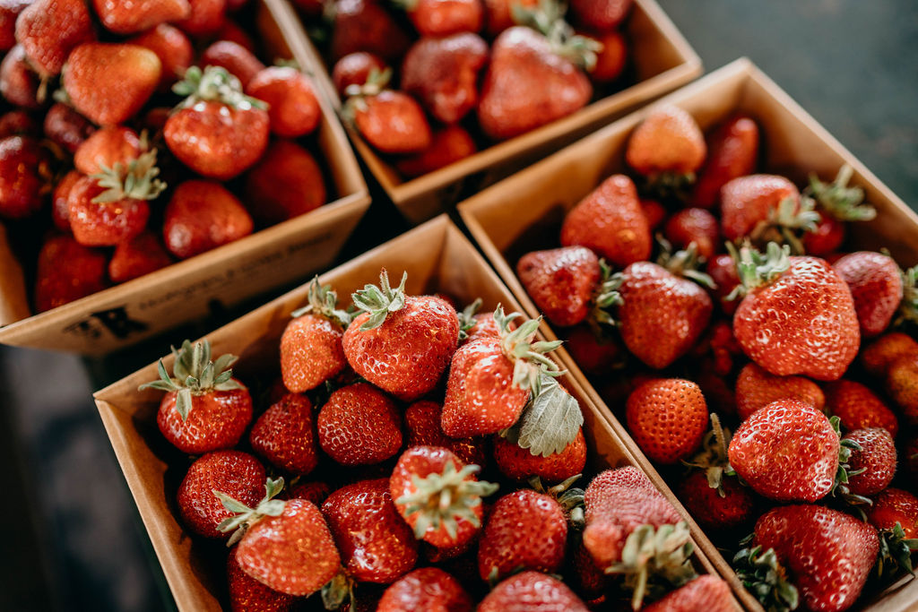 Several cardboard containers full of ripe strawberries.
