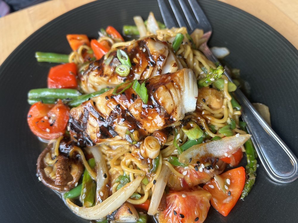 A delicious looking black cod over soba noodles with vegetables drizzled with hoisin sauce.  This looks so good!