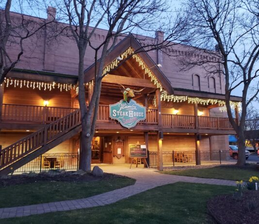 The exterior of Hamley Saloon at night.