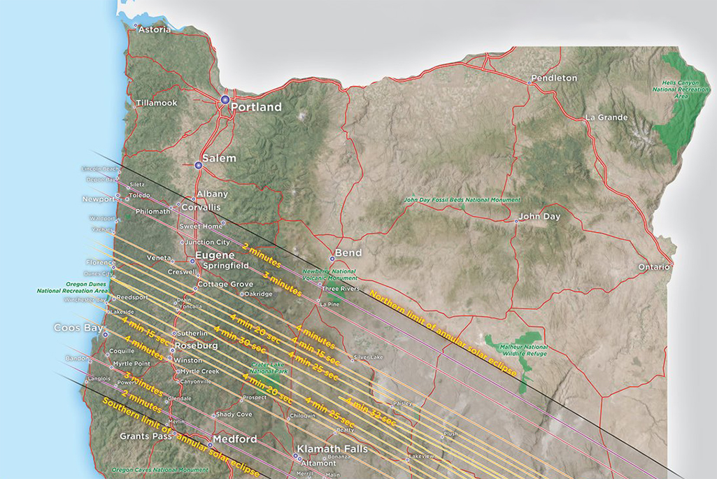 A map of Oregon showing the path of the eclipse and where it will be most visible.