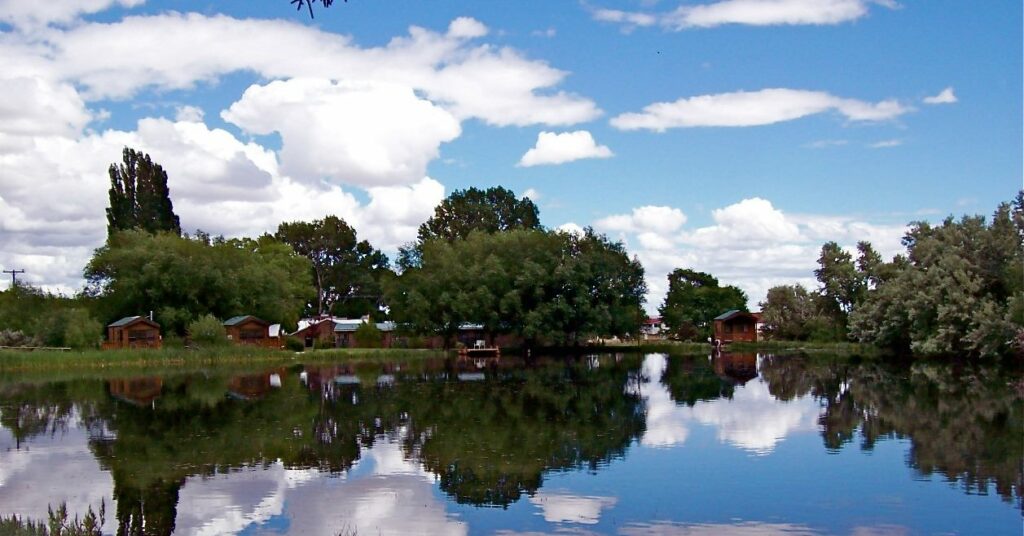 Tall green trees and small cozy cabins sit on the edge of a body of still water.