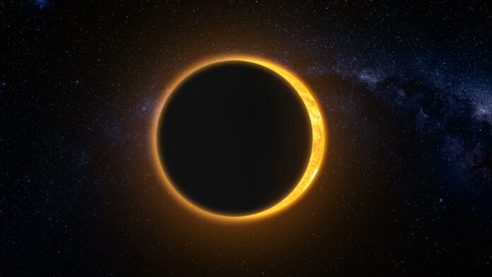 A computer rendered image of an annular solar eclipse.