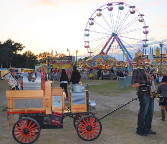A man pulling a wagon stands in front of the Ferris wheel at the county fair.