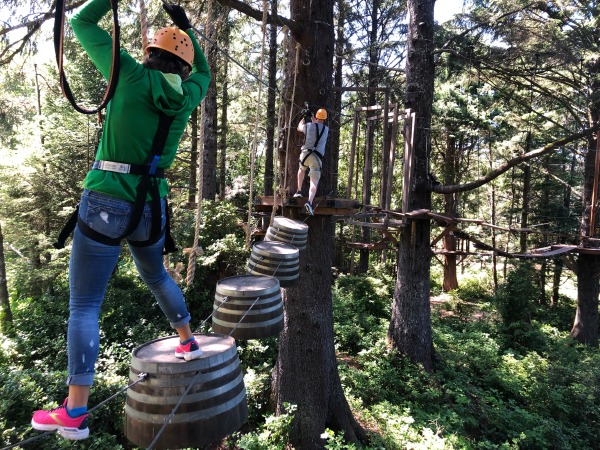 People cross a bridge made of upturned wine barrels high up in the trees at Salishan Aerial Park.