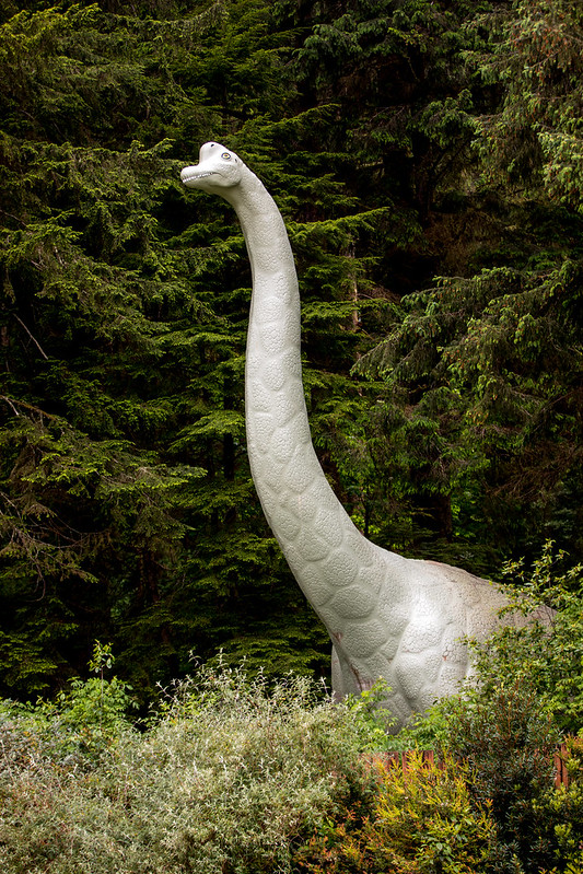 A tall white dinosaur sculpture with a really long neck emerges from the rainforest.