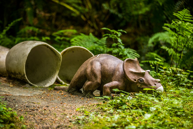 A sculpture of a baby dinosaur coming out of it's egg in the forest.