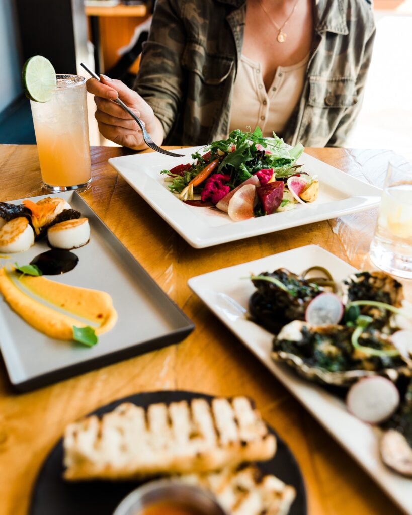 Plates of delicious looking food. Fine dining at the Meridian Restaurant at the Headlands Coastal Lodge.