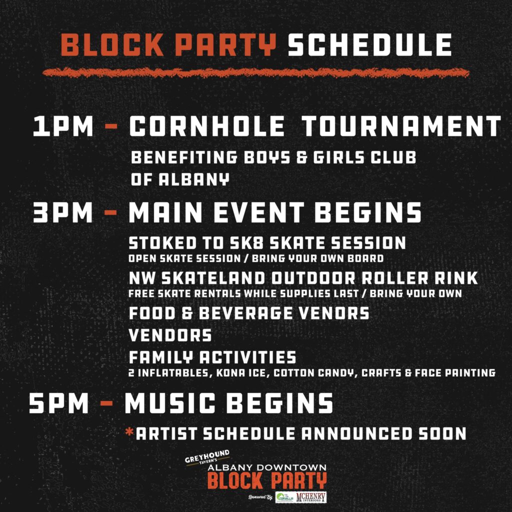 A black and white event schedule.