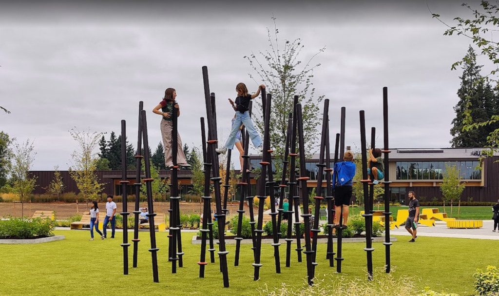 hidden creek park west, hillsboro, oregon, new park, friendly giant, wooden play structure, inclusive, beautiful places, climbing, family fun, things to do