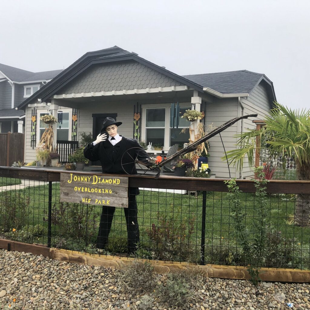 A scarecrow in a black suit with a black hat in a front yard.