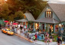 A zoomed out view of Mike's Ice Cream and the business next door. Both look like green houses, and there is a crowd of people outside on the lawn and lounging in chairs eating ice cream.