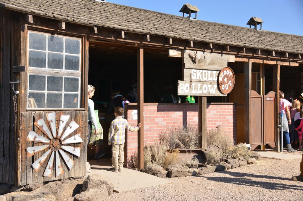 The outside of the wild west themed shooting gallery at Smith Rock Ranch.