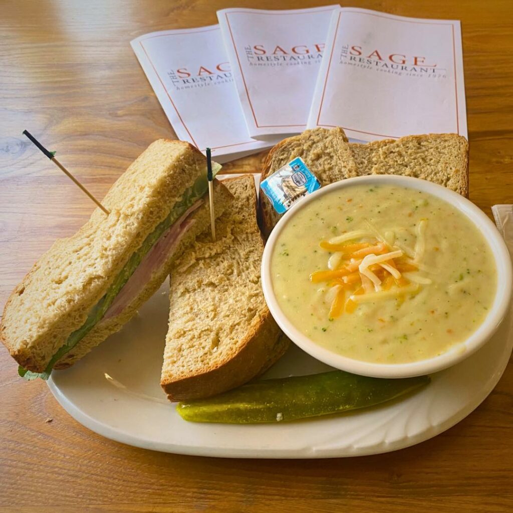 broccoli soup and ham sandwich