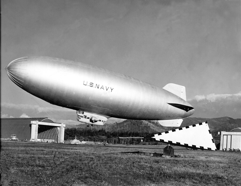 A black and white photo of a K class airship. tillamook air museum, planes, WWII, history, family things to do, oregon coast