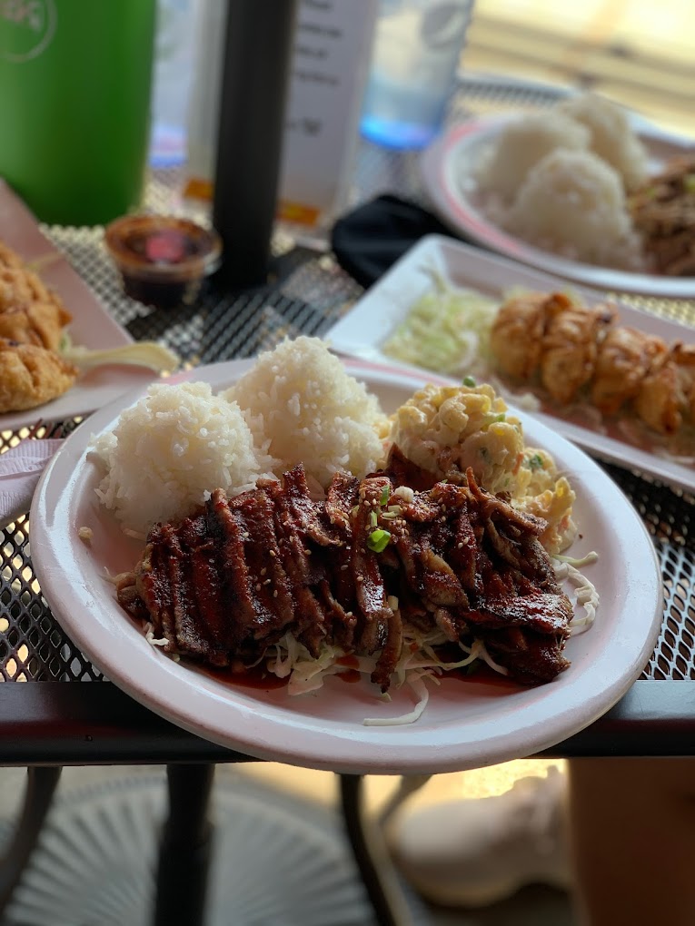 A plate of meat, rice and other delicious goodies at Kona Mix Plate.