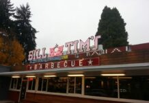 The light up sign on the outside of Bill and Tim's.