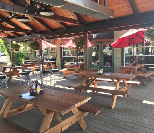The covered outdoor seating area at Cascade Lakes Pub 7th Street in Redmond, Oregon. there are nice wooden picnic tables under a wooden roof.