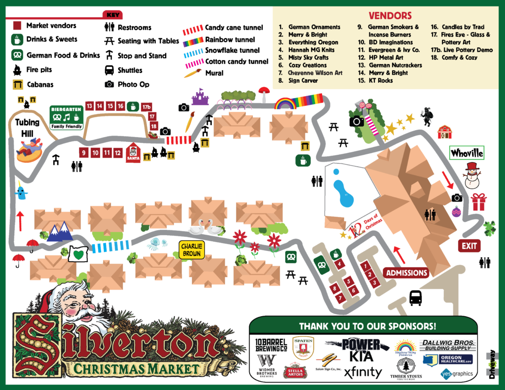 A map of the 2023 Silverton Christmas Market showing where activities and food booths are located.
