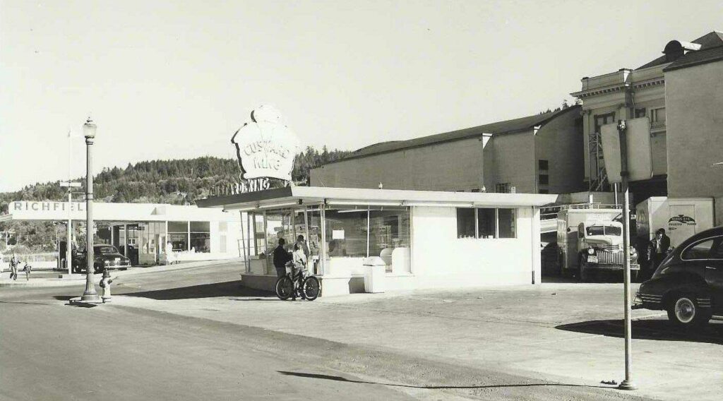 An old black and white photo of the exterior of Custard King.