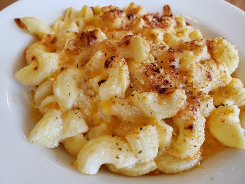 Homemade mac and cheese. It looks creamy and delicious. It has toasted breadcrumbs on top.