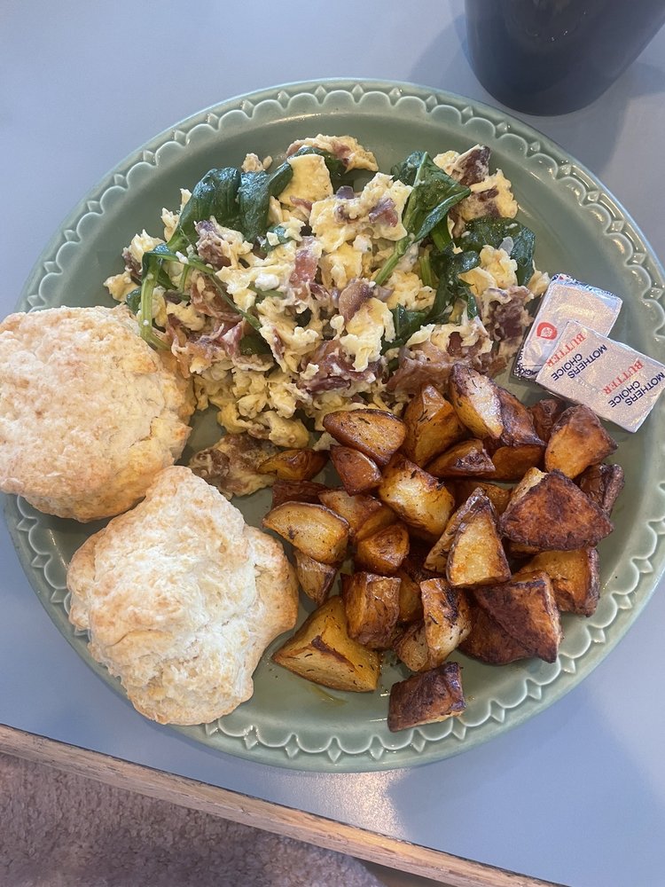 Stella Blue scramble. This looks absolutely delicious and has potatoes and biscuits on the side.