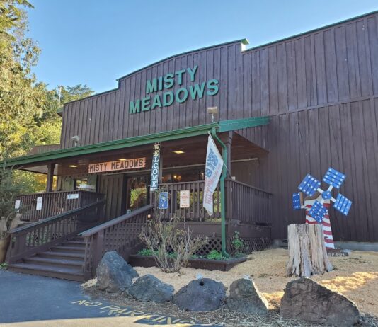 The outside of Misty Meadow Jams. It's a wood building with green trim and a green sign and a covered wooden porch with stairs leading up to the front door.