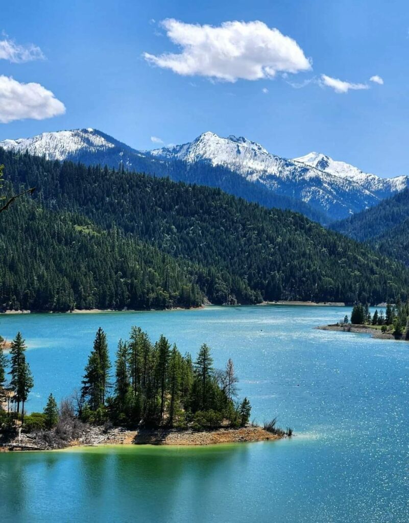 Applegate Lake surrounded by trees with snowcapped mountains in the background.