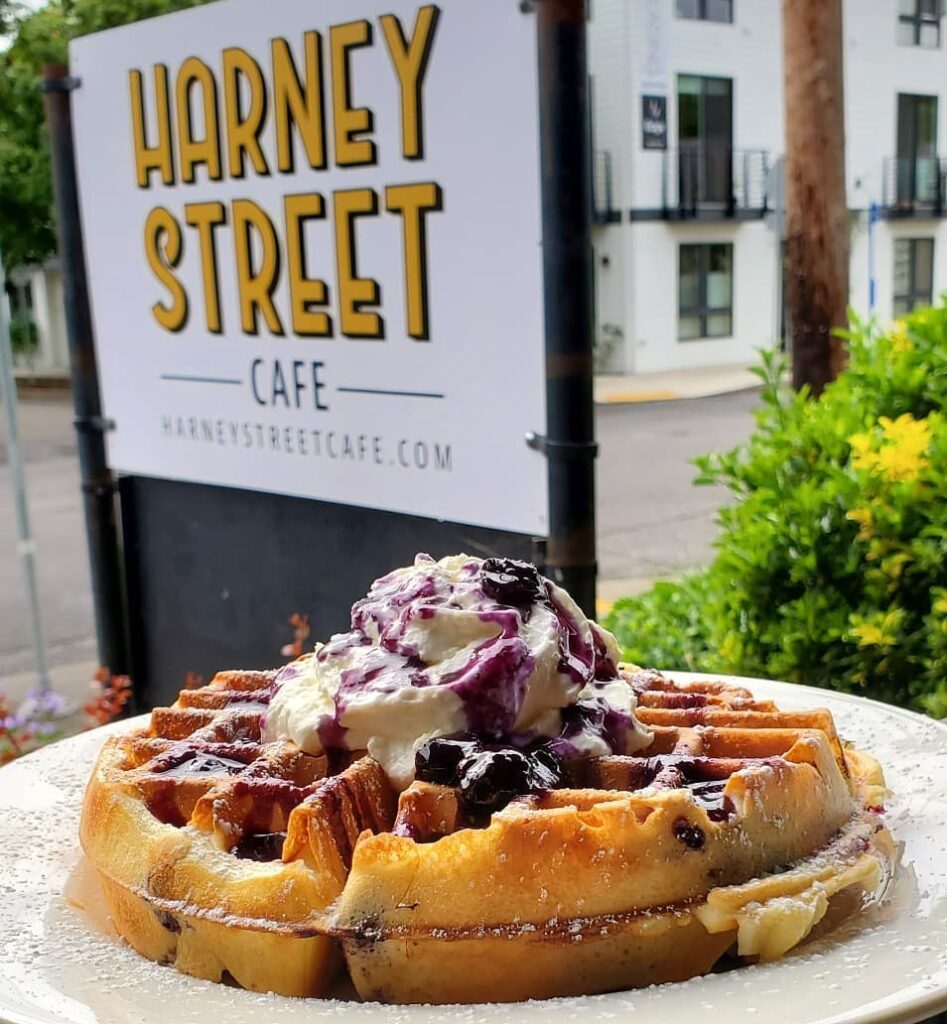A large waffle with blueberries and whip cream in front of the Harney Street Cafe sign.