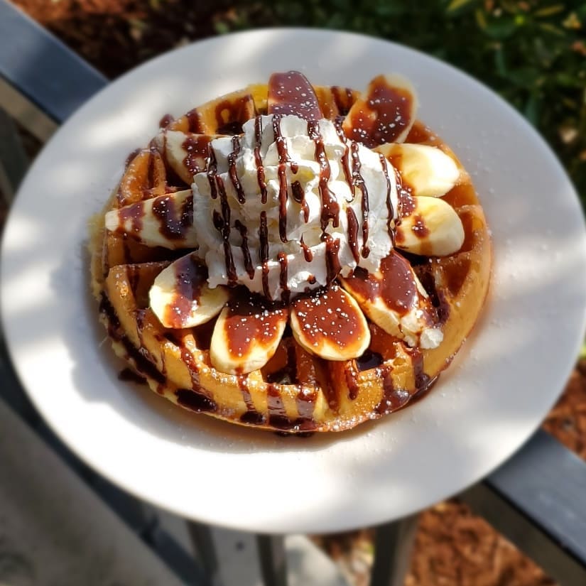 A large waffle with bananas and drizzled with a brown sauce. It has whipped cream on top and looks super tasty!