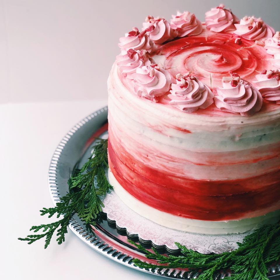 Seasonal winter Chocolate Peppermint Cake. It's red and white with red swirls and looks so good!