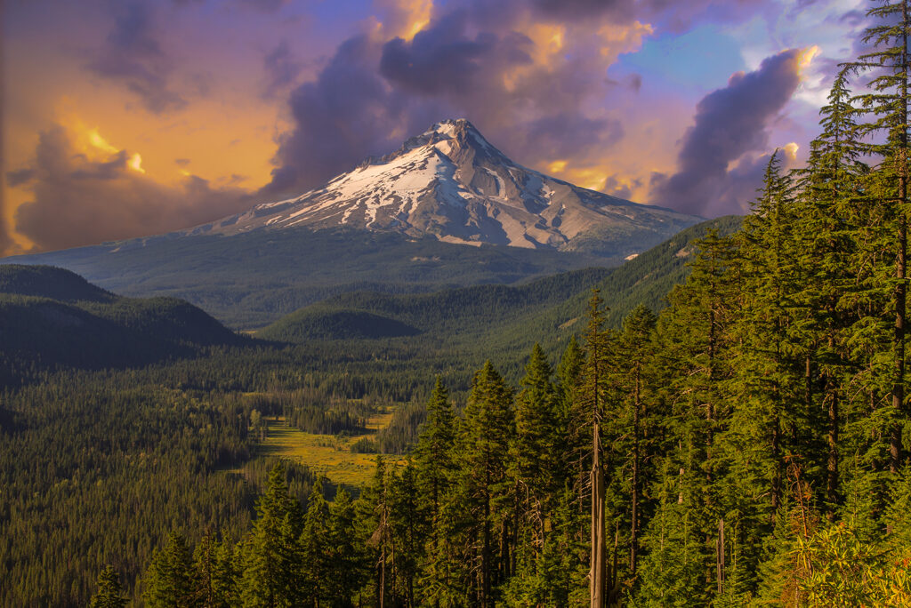 Majestic View of Mt. Hood. Sunset scene with dramatic sky