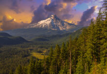 Majestic View of Mt. Hood. Sunset scene with dramatic sky