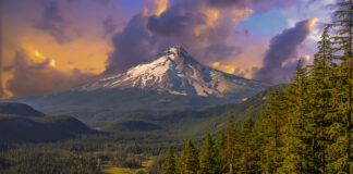 Majestic View of Mt. Hood. Sunset scene with dramatic sky