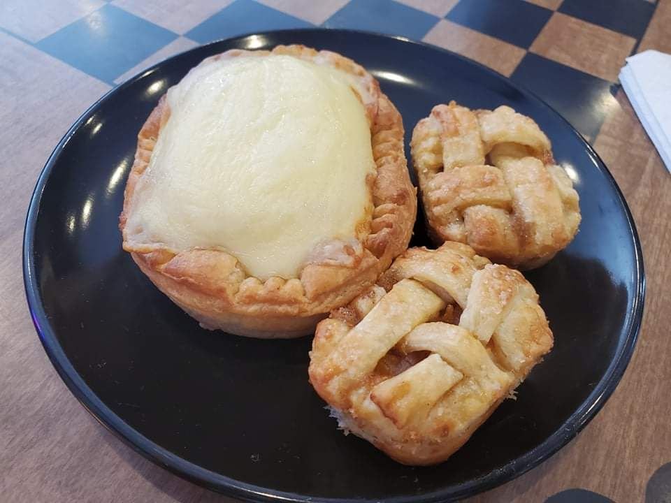 Peach mini pies, and a ground beef potatoes and cheese pie.