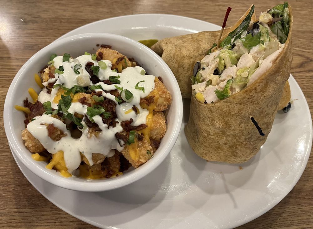 Southwest chicken wrap with loaded tater tots.