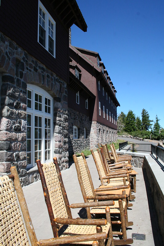 Chairs lined up on the deck of the Crater Lake Lodge.