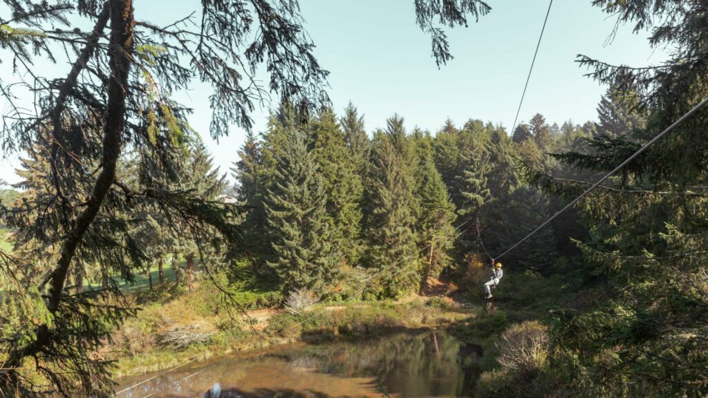 A person ziplines across a small lake surrounded by trees at Salishan Aerial Park.