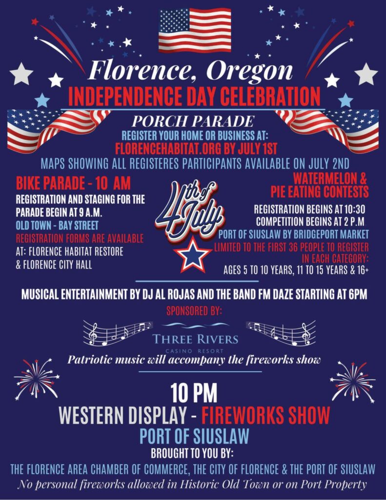 A dark blue flier with red, white, and light blue writing proclaiming all of the activities on the 4th of July in Florence.