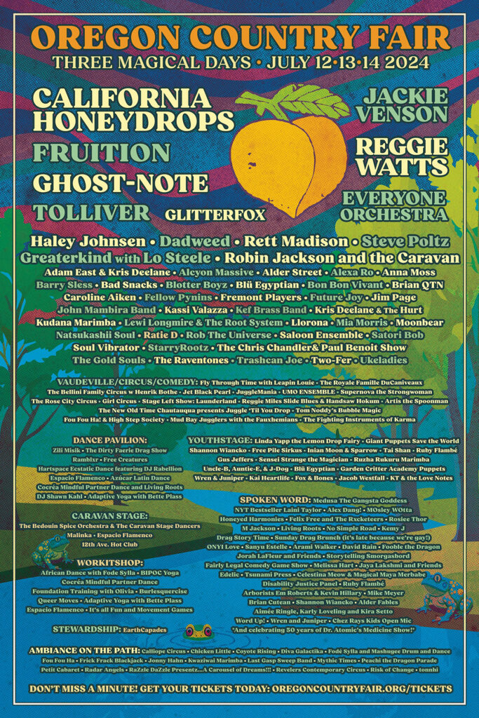 A poster showing the lineup of live performances at the 2024 Oregon Country Fair.